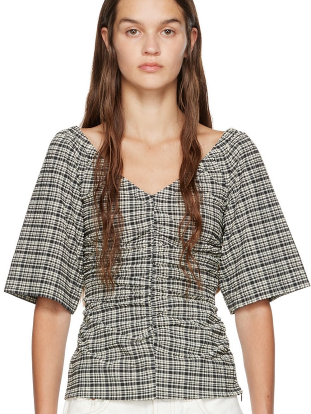 Ganni Seersucker Black Plaid Blouse 46